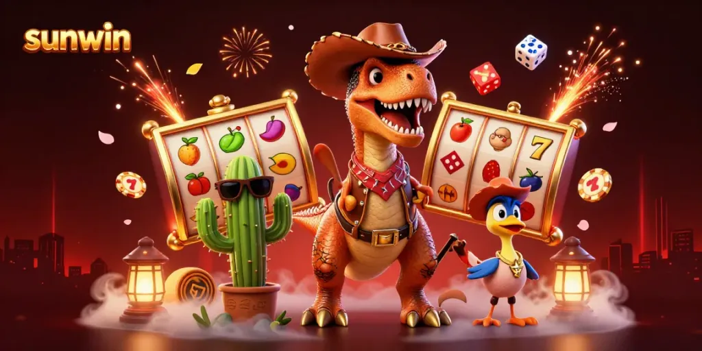 Experience the thrilling gaming world of sunwin with lively T-Rex, cactus, and roadrunner surrounded by vibrant casino elements.