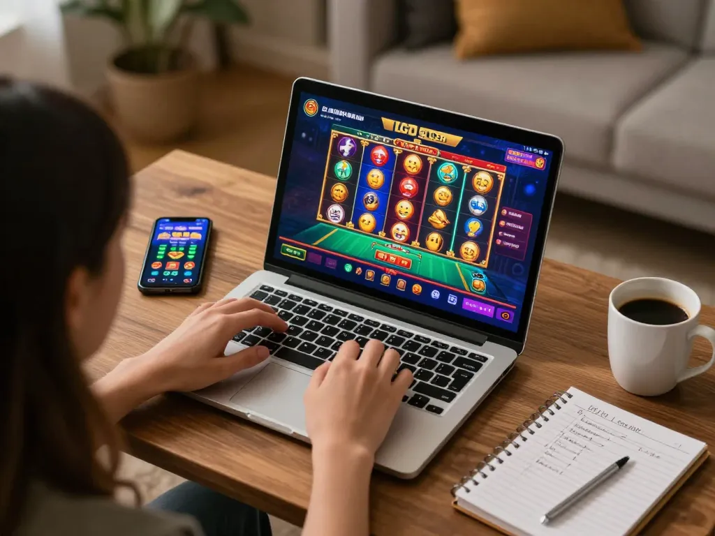 A player engrossed in LGO SUPER online game on a laptop, showcasing a cozy gaming environment and strategic notes.