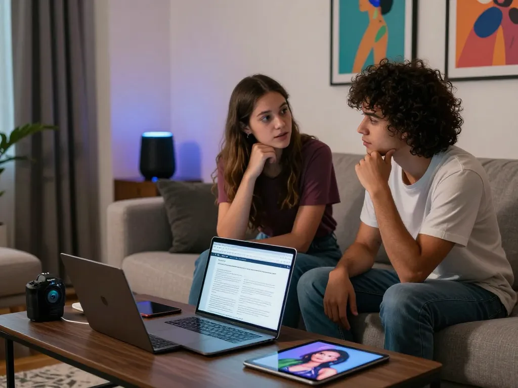 Young couple discussing ai sex technology on modern sofa, exploring implications of AI in intimacy.