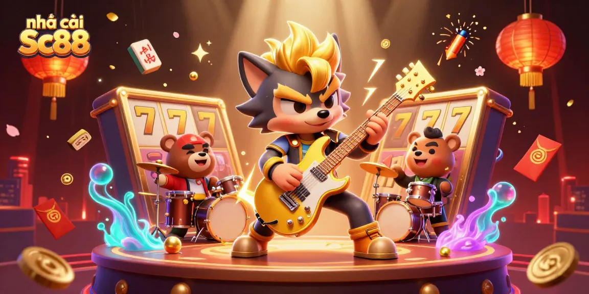 Experience the excitement with nhà cái Sc88's vibrant casino scene featuring a rock star wolf and a drummer bear.