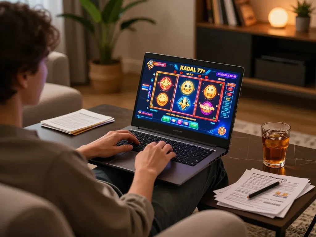 KADAL 778 player immersed in mobile casino gaming from a cozy home setting, laptop and strategy notes visible