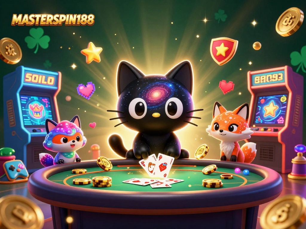 Engage with the MASTERSPIN188 cosmic casino, featuring a black hole cat and nebula fox in a dynamic gaming scene.