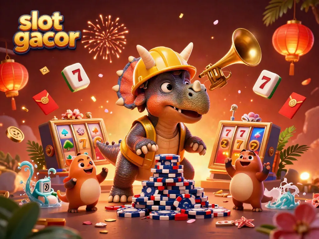 Experience the excitement of slot gacor with a celebration scene featuring colorful characters and casino elements.