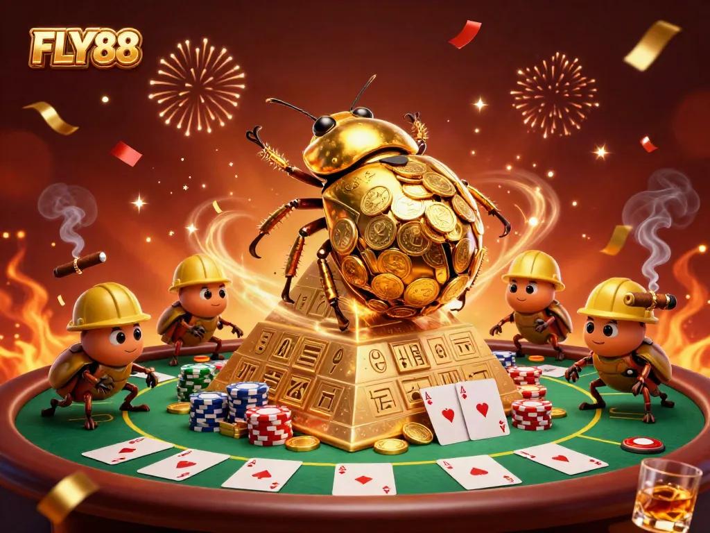 FLY88 captures the excitement of winning at a vibrant casino scene with golden beetles and poker elements.