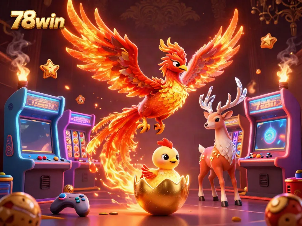Experience the thrill of 78win in a vibrant 3D gaming paradise filled with phoenixes and slot machines.