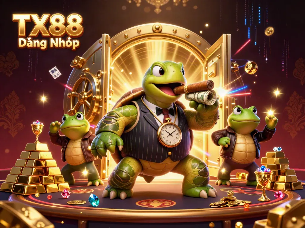 Experience excitement with TX88 Đăng Nhập in a vibrant, animated casino scene featuring characters and treasures.