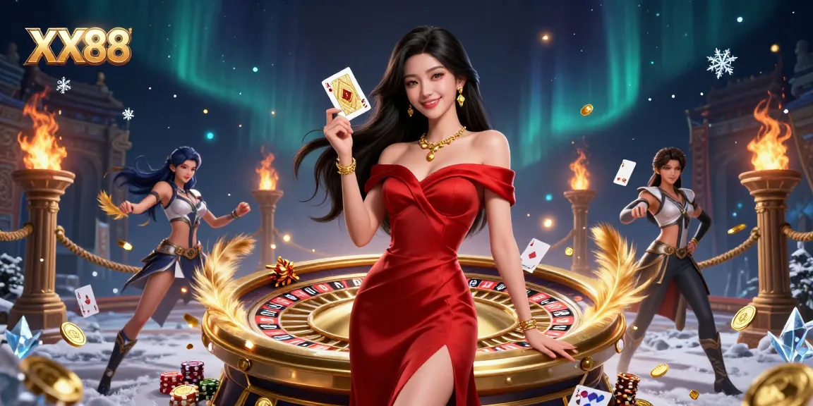 Engage with XX88's thrilling casino experience featuring a beautiful woman and a golden roulette wheel.