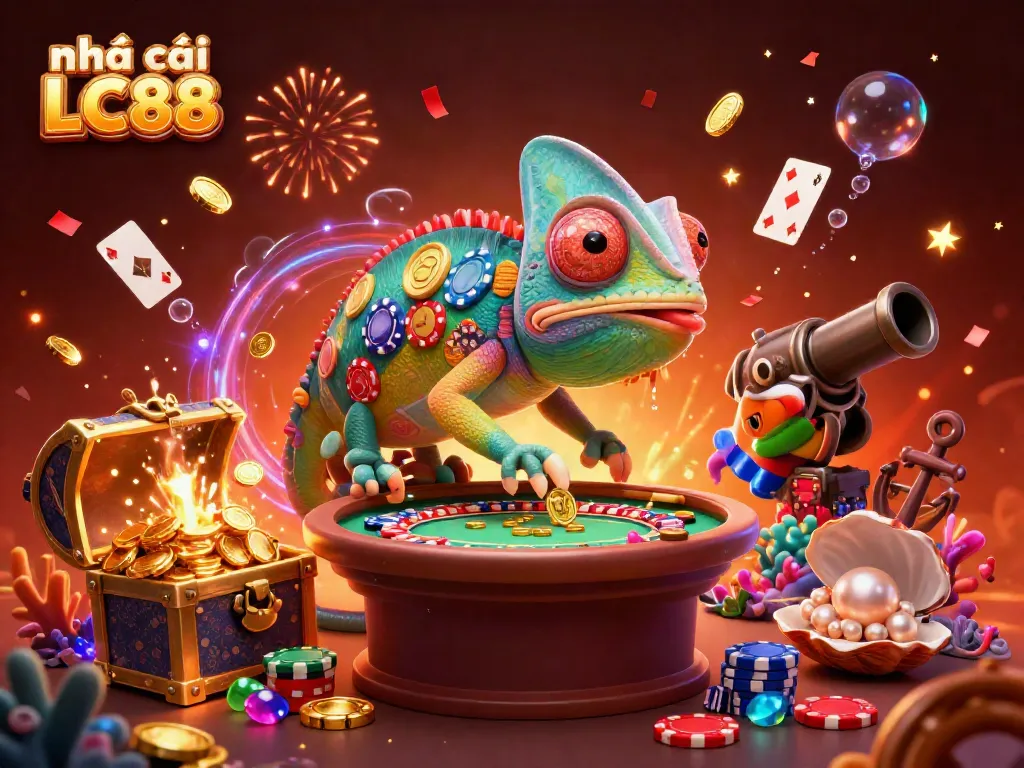 Engaging illustration of nhà cái LC88 featuring a colorful chameleon casino owner among festive casino elements.
