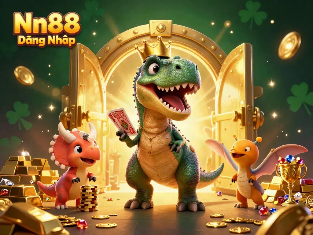 Nn88 Đăng Nhập offers a vibrant 3D casino scene with dinosaurs engaging in card games, surrounded by gold and jewels.