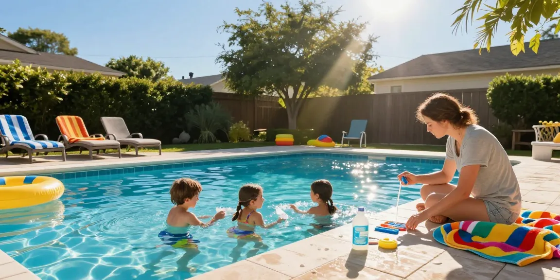 What Is the Difference Between Chlorine and Shock in a sunny pool setting with family enjoying water activities.