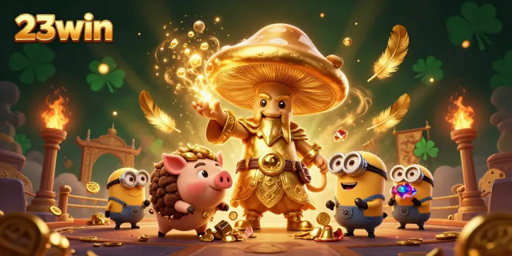 Join the fun with 23win as the golden wizard casts spellbinding wealth in a vibrant casino scene.
