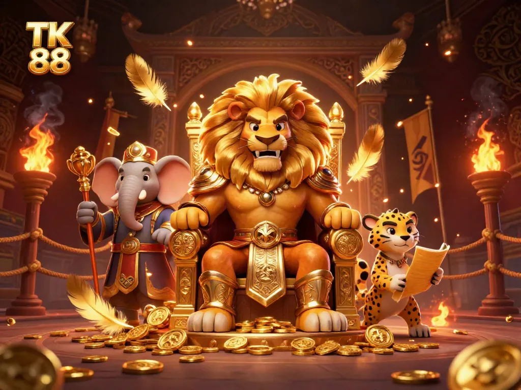 Experience the thrill with TK 88's regal lion and vibrant casino scene full of game elements.
