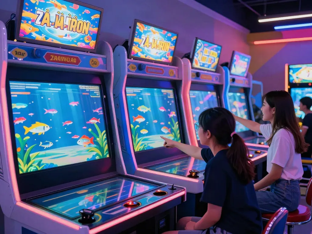 Players enjoying a vibrant arcade game of lại là Bắn cá đổi thưởng with colorful screens and neon lights.