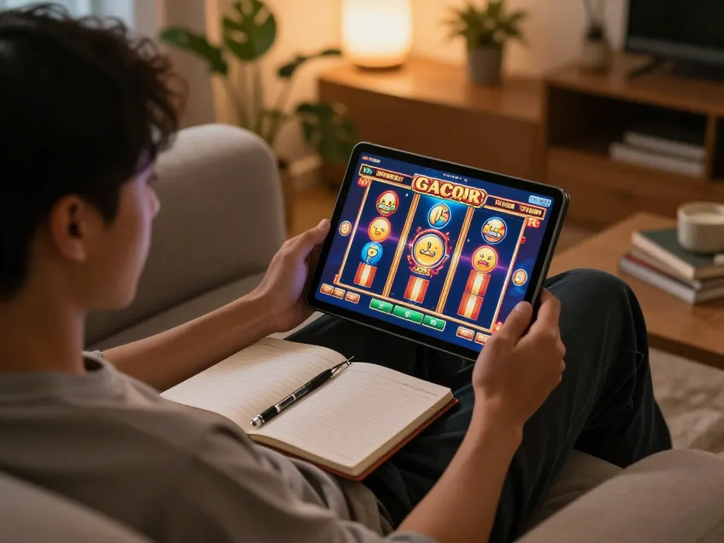 Engaging in slot gacor gameplay during a cozy home evening session on a tablet, showcasing vibrant graphics.