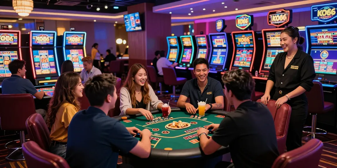 Exciting KO66 casino gaming scene with friends at tables and slots