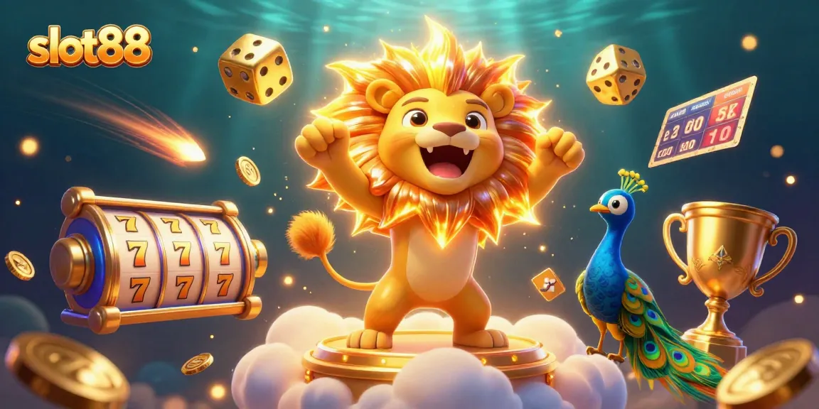 Experience thrilling wins at slot88 with animated casino elements and a victorious lion.