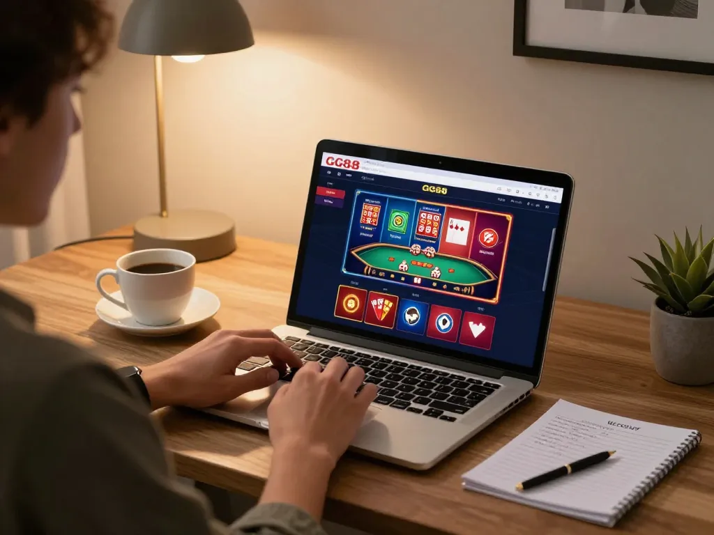 Accessing đăng nhập gg88 for online casino gaming in a stylish home office environment.