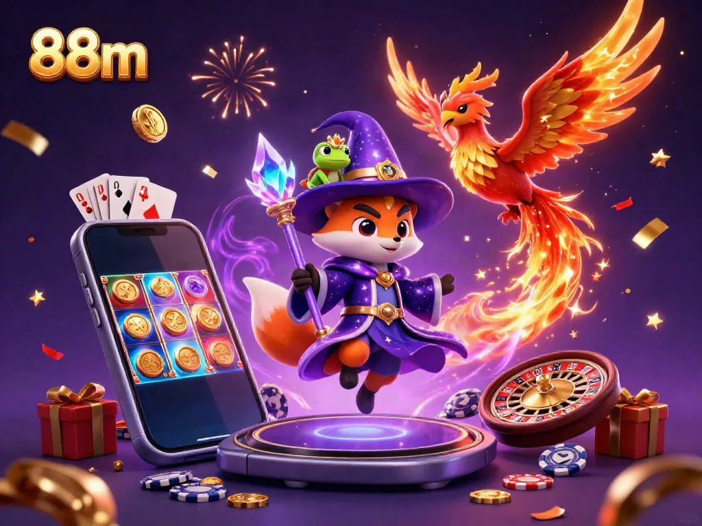 Experience winning strategies with 88m in a vibrant casino-themed illustration featuring magical characters.