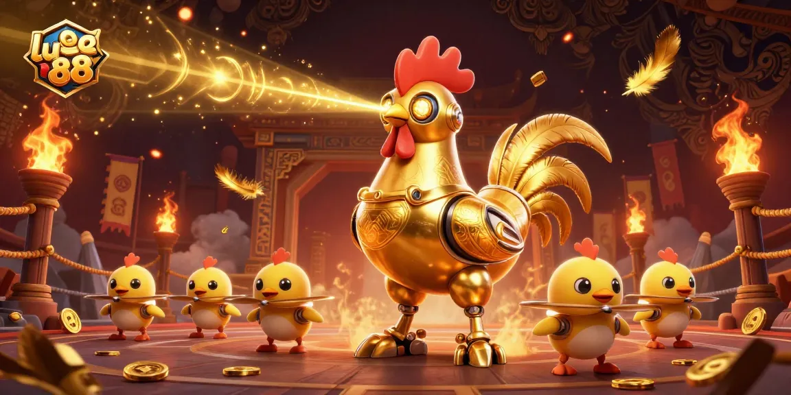 Experience thrilling action with lu 88 via dynamic golden rooster and baby chick drones in a vibrant casino scene.