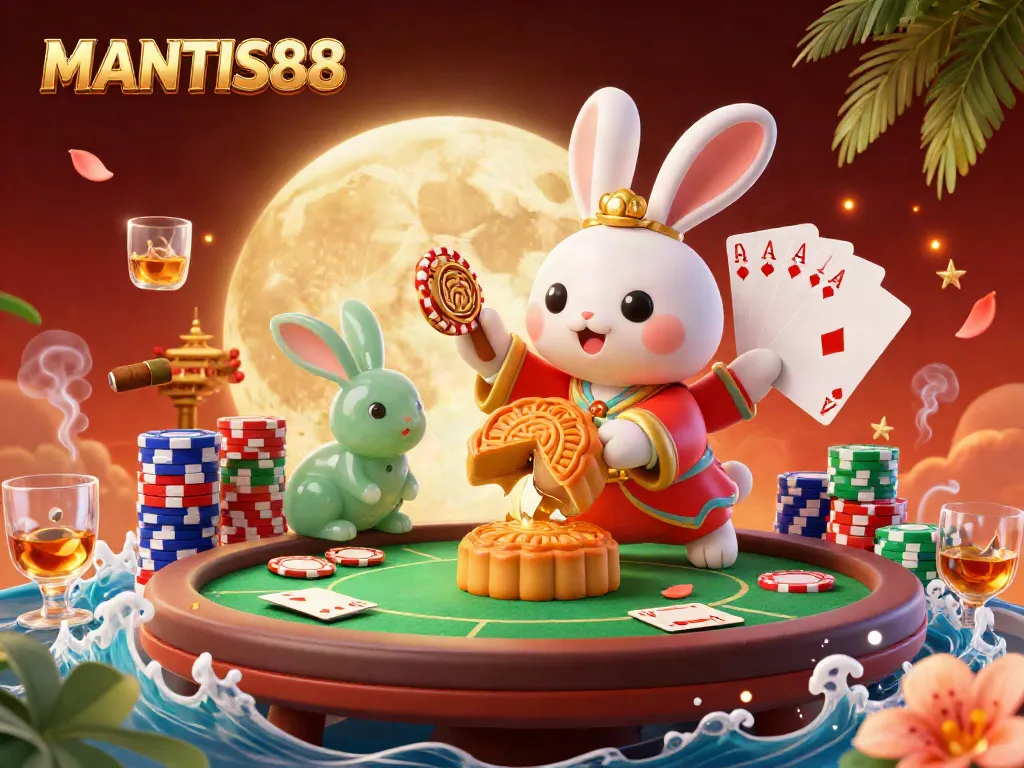 Experience the excitement of MANTIS88 with a cartoon moon rabbit and poker elements in a captivating lunar setting.