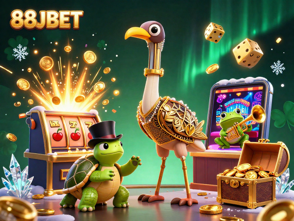 Join the excitement at 88JBET with a vibrant casino scene featuring winning characters and games.