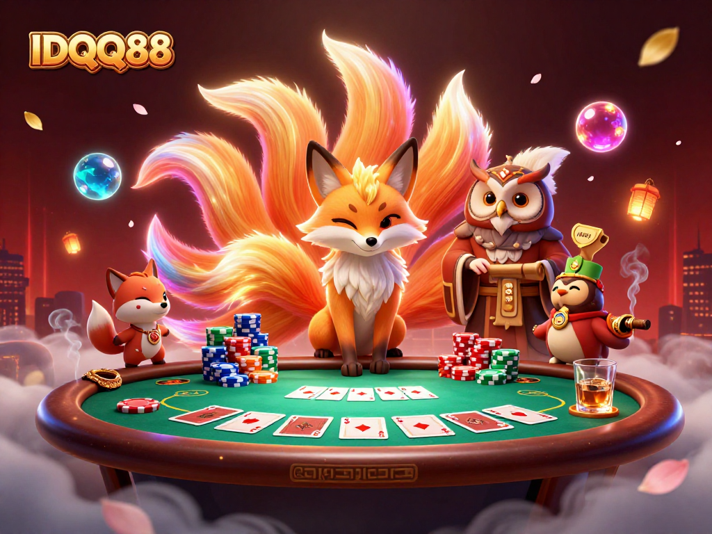 Experience IDQQ88's vibrant casino scene with colorful characters and dynamic poker elements.