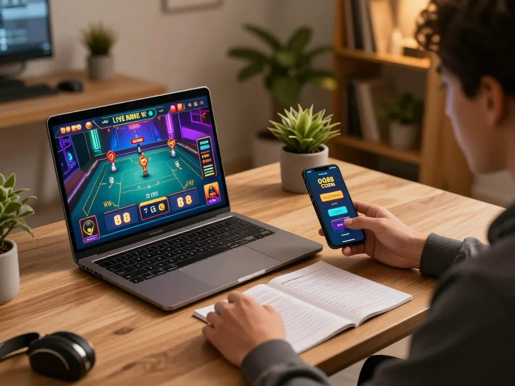 Engaging online gaming moment on QQ88 COM with player at a laptop enjoying live dealer games.