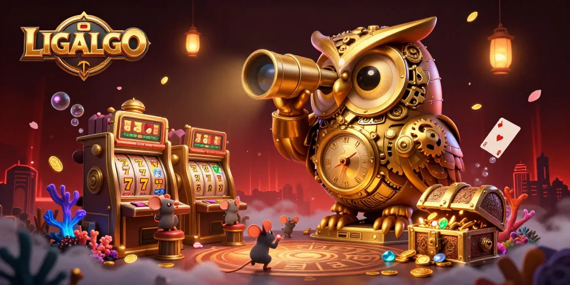 An engaging scene depicting the LIGALGO platform, showcasing a golden owl and bustling casino with vibrant slot games and treasure.