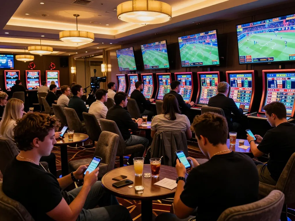 Engaging scene at a sports betting lounge showcasing keobongda users analyzing live games and odds.