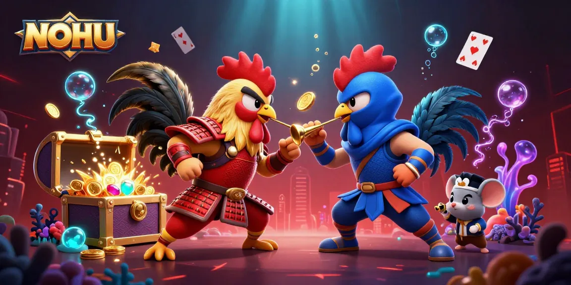 NOHU's vibrant casino showdown with cartoon roosters and gold coins creates dynamic excitement
