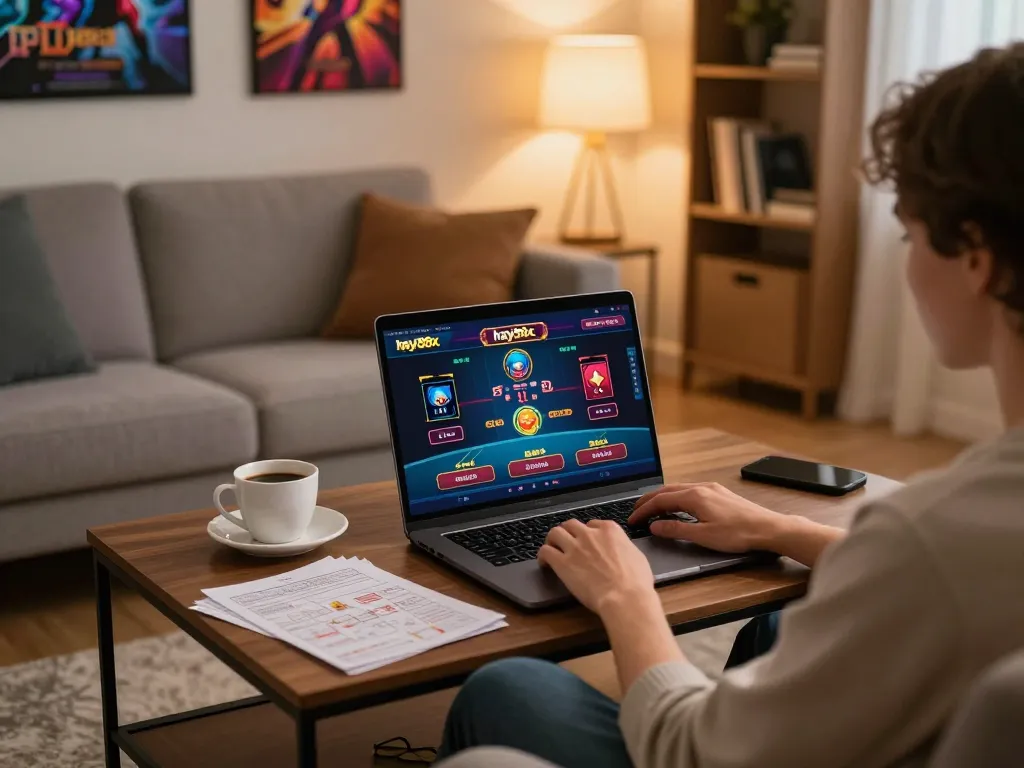 Player engaging in online gaming on hay88x, showcasing vibrant casino interface with cozy decor.