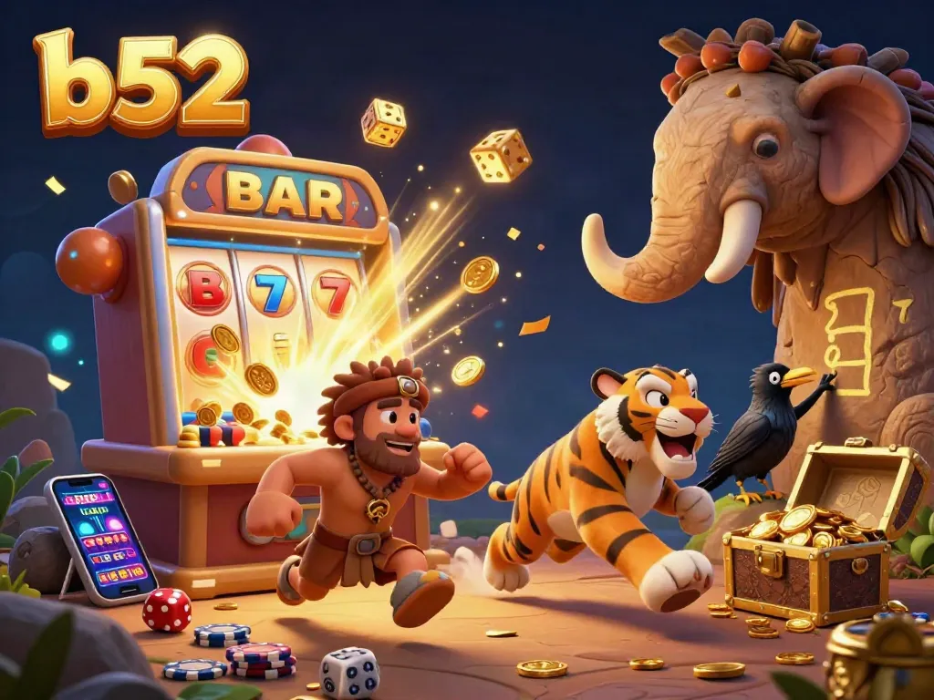 Experience the thrill of b52 with a vibrant prehistoric casino scene featuring unique characters and game elements.