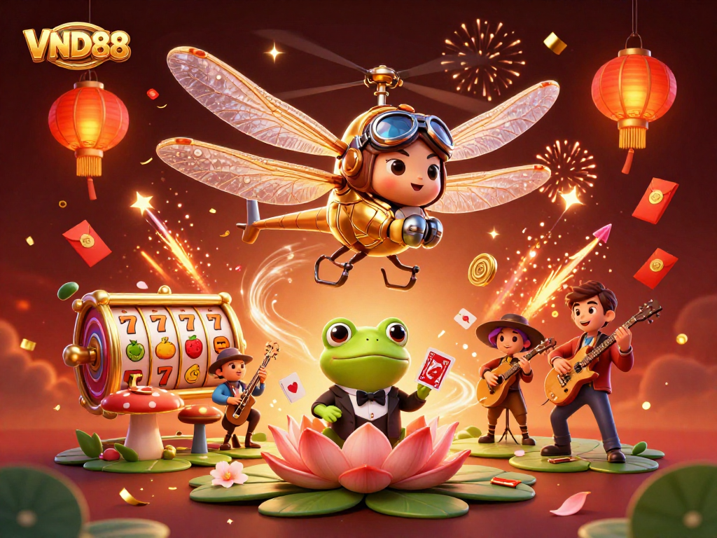 VND88 offers a thrilling gaming experience illustrated with a vibrant casino scene featuring unique characters and elements.