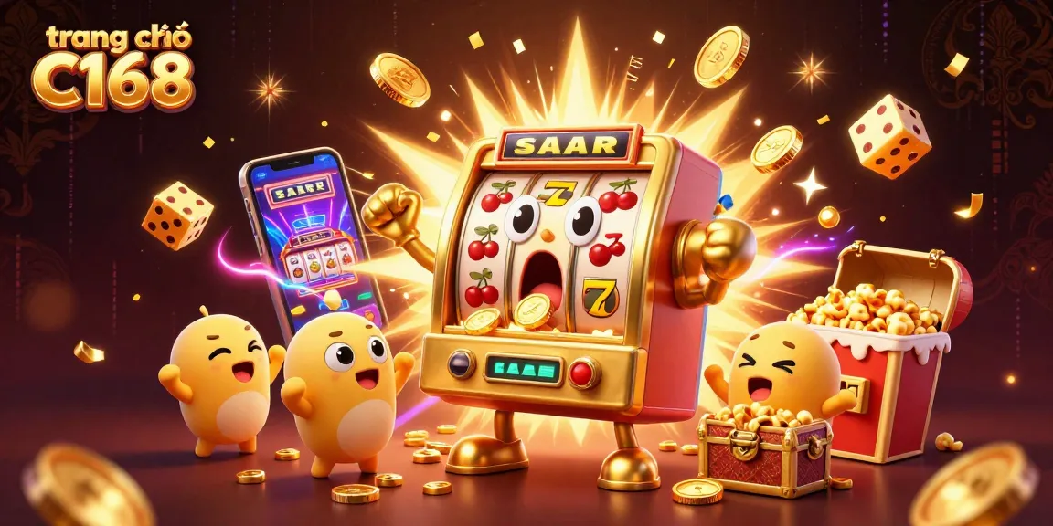Experience the excitement of winning at trang chủ C168 with cartoon slot machines celebrating a jackpot.