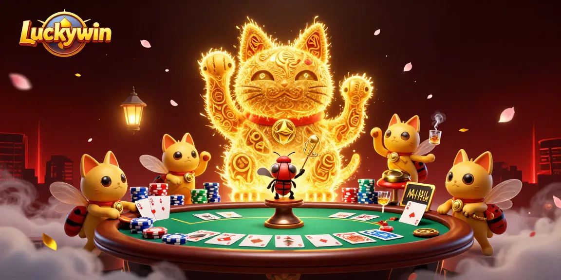 Join the Luckywin adventure with a vibrant lucky cat and casino elements in an exciting scene.