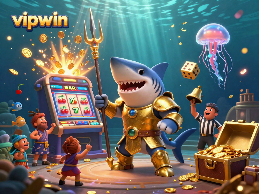 Experience thrilling gameplay at vipwin with a cartoon tiger shark kicking off a jackpot celebration.