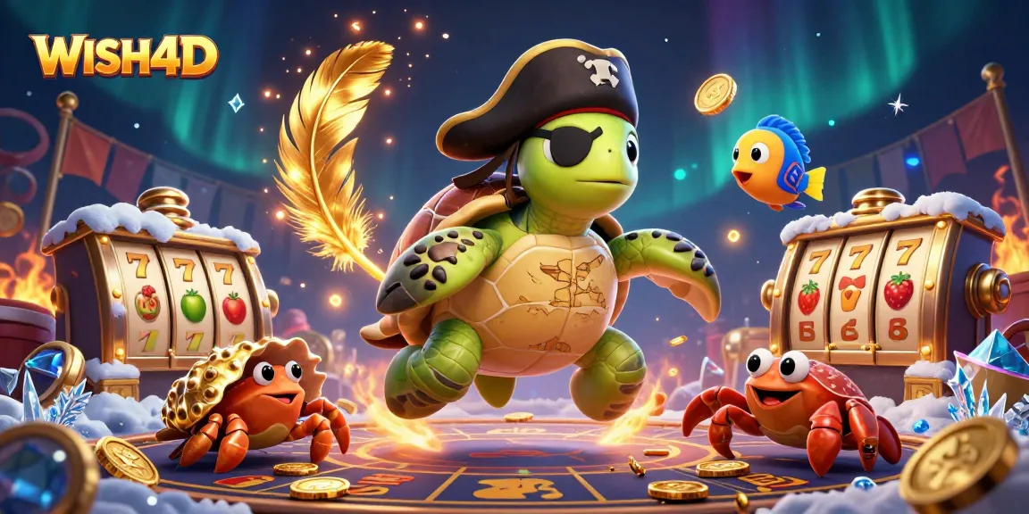 Engage in thrilling WISH4D gameplay with a vibrant, dynamic casino scene featuring lively characters and slot elements.