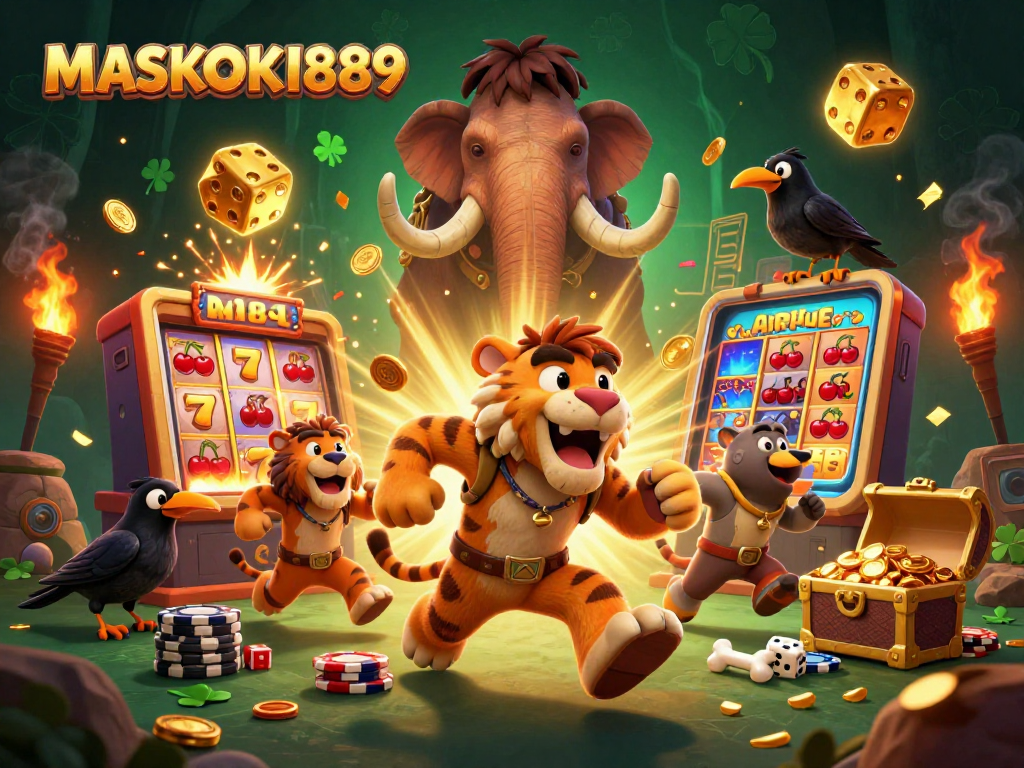 Engage in thrilling games with MASKOKI889 at the lively casino featuring vibrant slot machines and exciting elements.