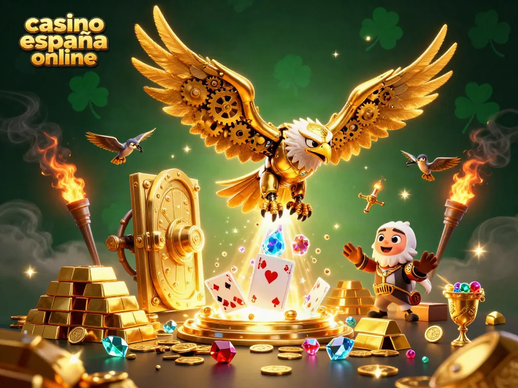 Juega en casino españa online con este arte vibrante de águila dorada y cartas holográficas.
