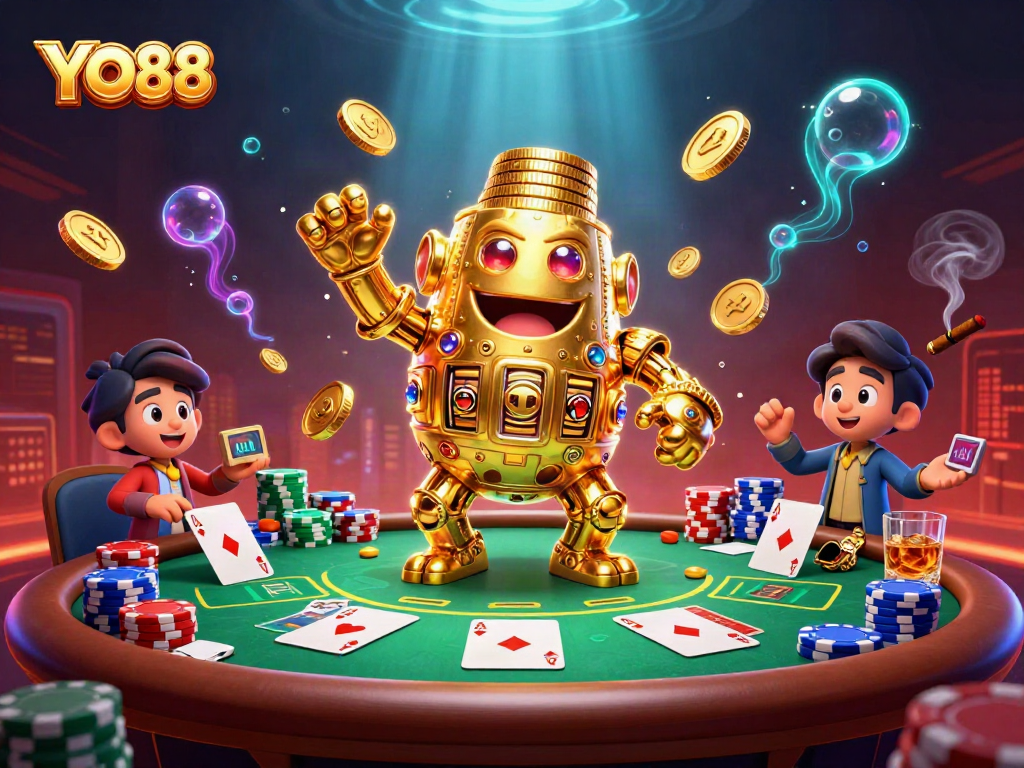 Experience the excitement of YO88 with a vibrant, dynamic 3D casino illustration featuring poker games and treasures.