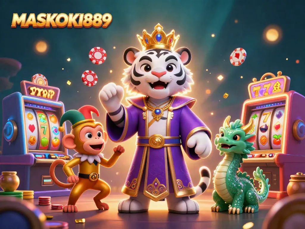 Engage with the thrilling world of MASKOKI889, featuring vibrant slot machines and playful casino characters.