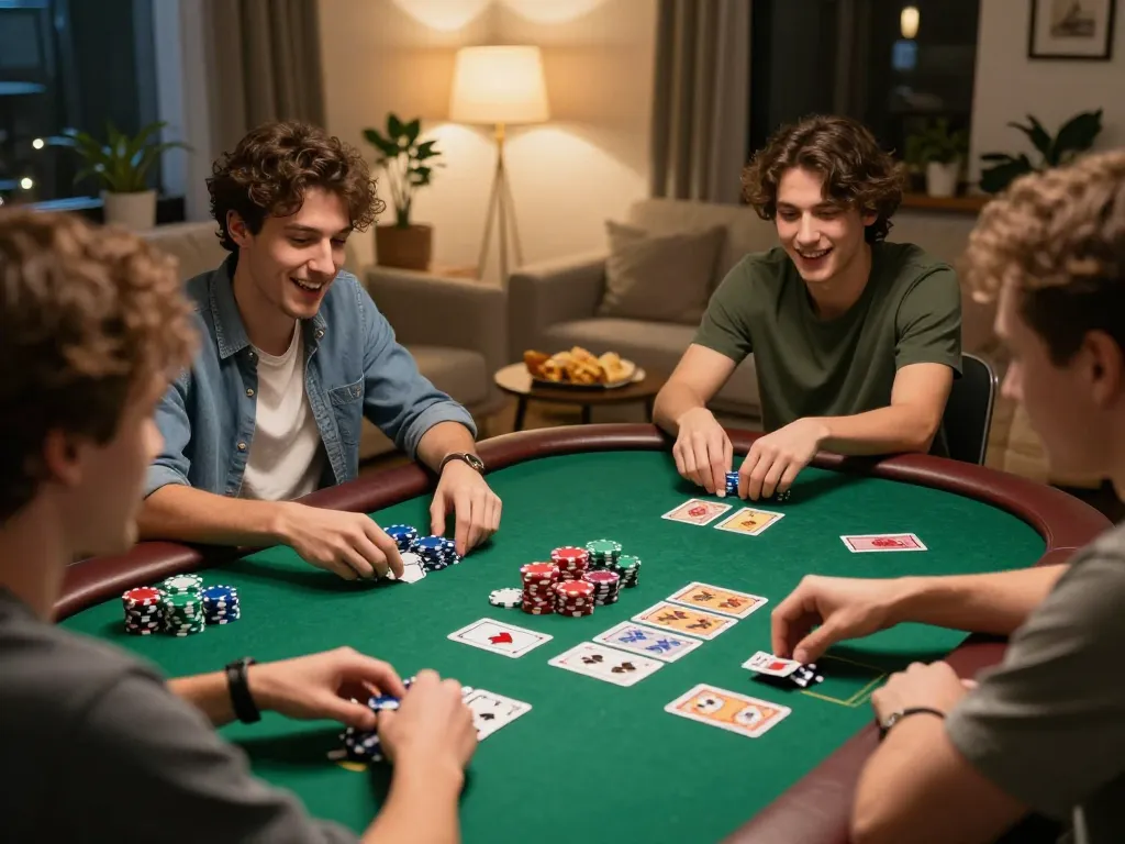 Friends enjoying a poker night while discussing strategies for World Cup 2026 excitement.