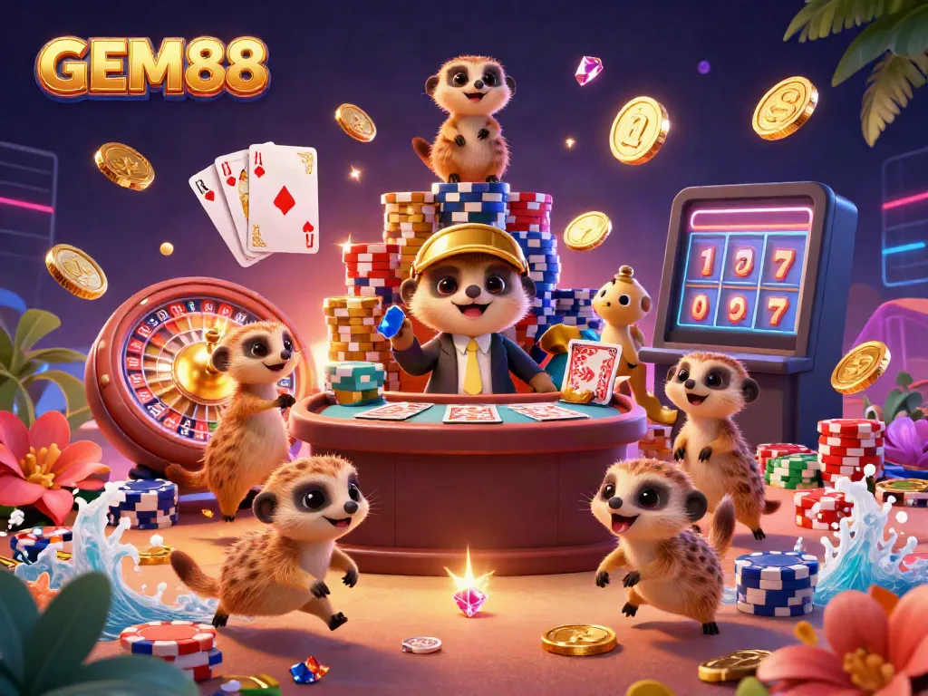 Experience the vibrant world of GEM88 with meerkats running a dynamic casino, surrounded by dazzling gaming elements.