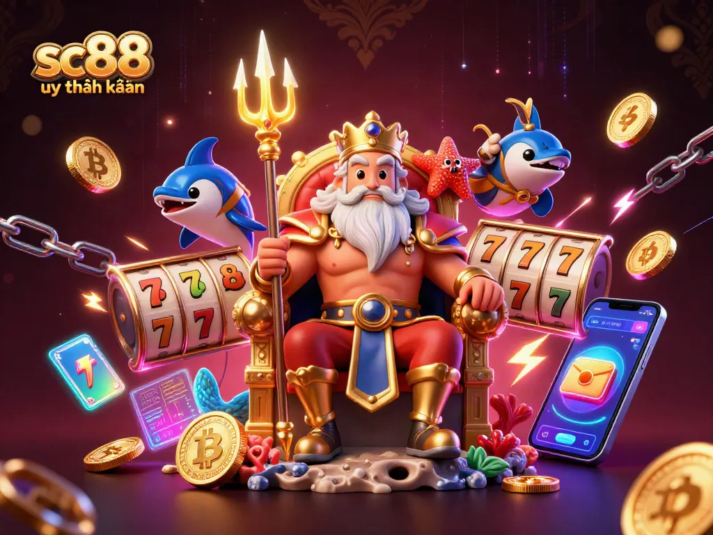 Engage with sc88 uy tín không in this colorful online casino scene showcasing slot reels and crypto coins.