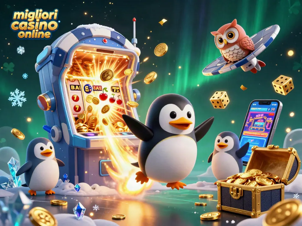 Gioca ai migliori casino online e vinci con il pinguino d'oro in un'illustrazione fantastica.