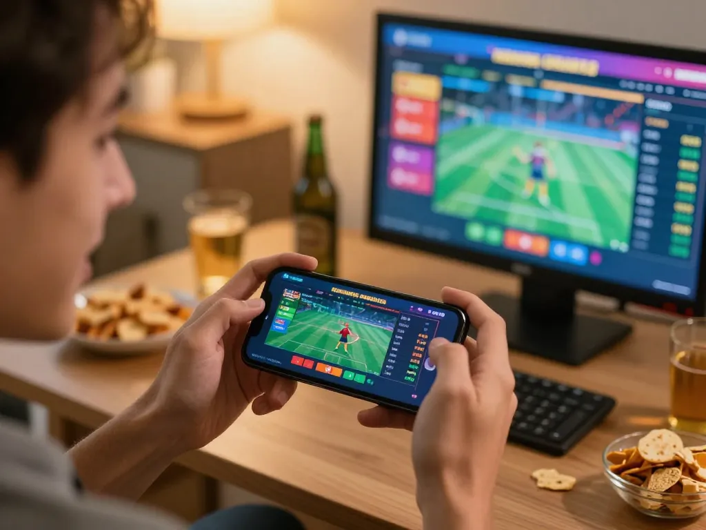 An excited user places a bet on sports through 789bet's mobile platform in a cozy home setting.