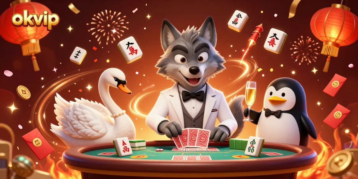 Experience the thrill of okvip with a debonair wolf at the baccarat table among glamorous casino elements.