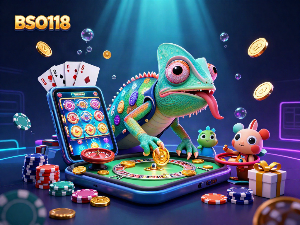 Play BSO118 in an energetic casino scene with a colorful chameleon and dynamic elements.