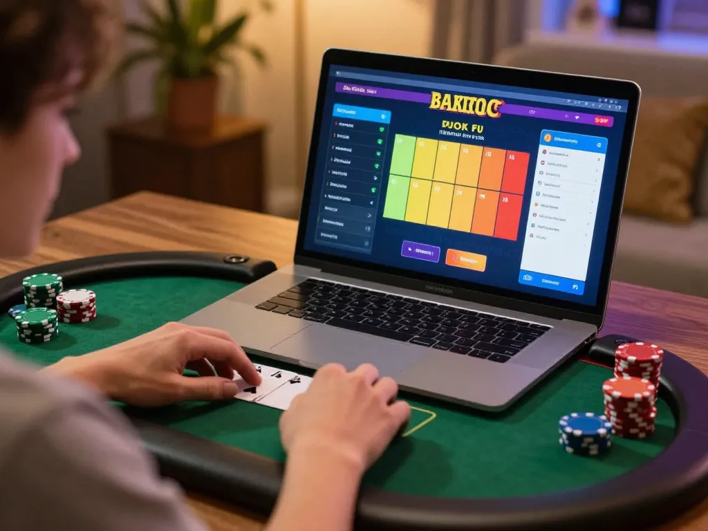 Player analyzing strategies on 23win poker screen, showcasing responsible gambling