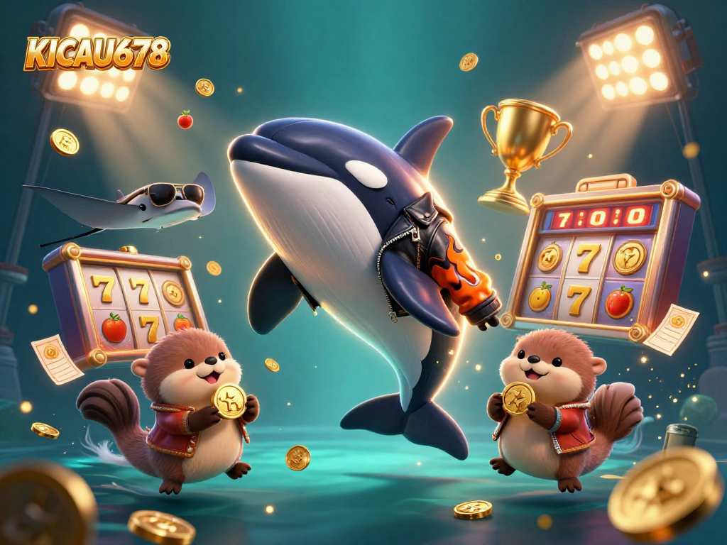 KICAU678 presents an engaging 3D casino scene with vibrant characters, slot games, and dynamic gold coins.